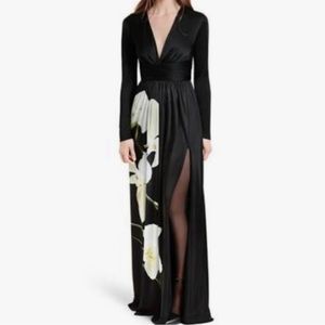 Long black orchid print dress